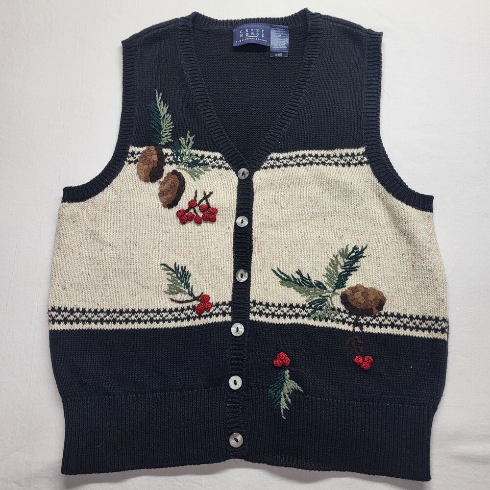 VTG Crazy Horse Knit Sweater Vest Button Front Christmas Pinecone Embroidery MED